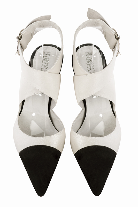 Matt black and off white women's open back shoes, with crossed straps. Pointed toe. Very high slim heel. Top view - Florence KOOIJMAN